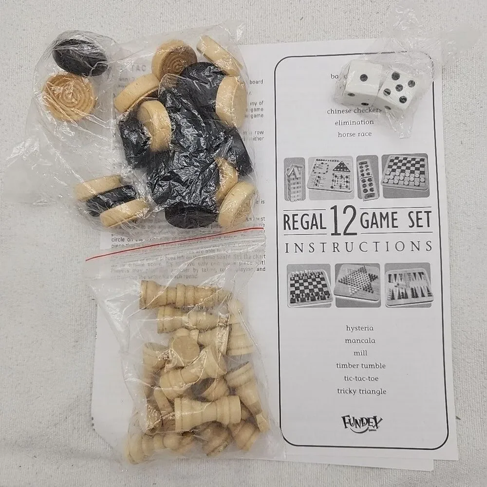 Game REGAL 12 SET Solid Wood Board & Pieces Chess Checkers Backgammon Mill NEW